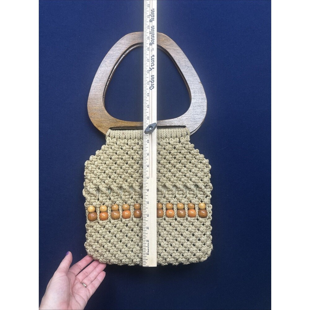Vintage Macrame Handbag Purse Wood Handles Beige Boho Hippie Handmade 1970s - Picture 6 of 12
